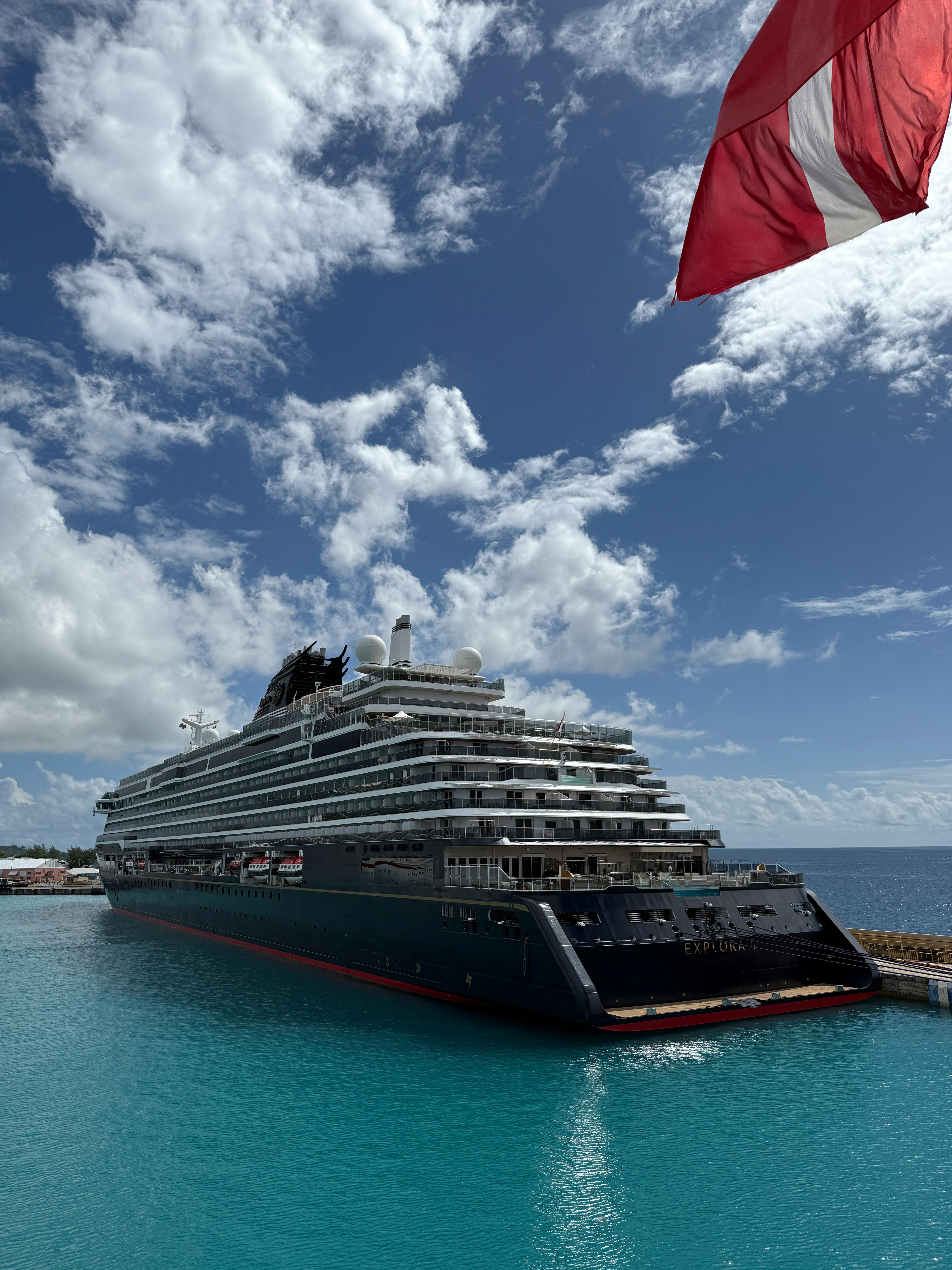 Captivating view of a luxury cruise ship docked under blue skies.